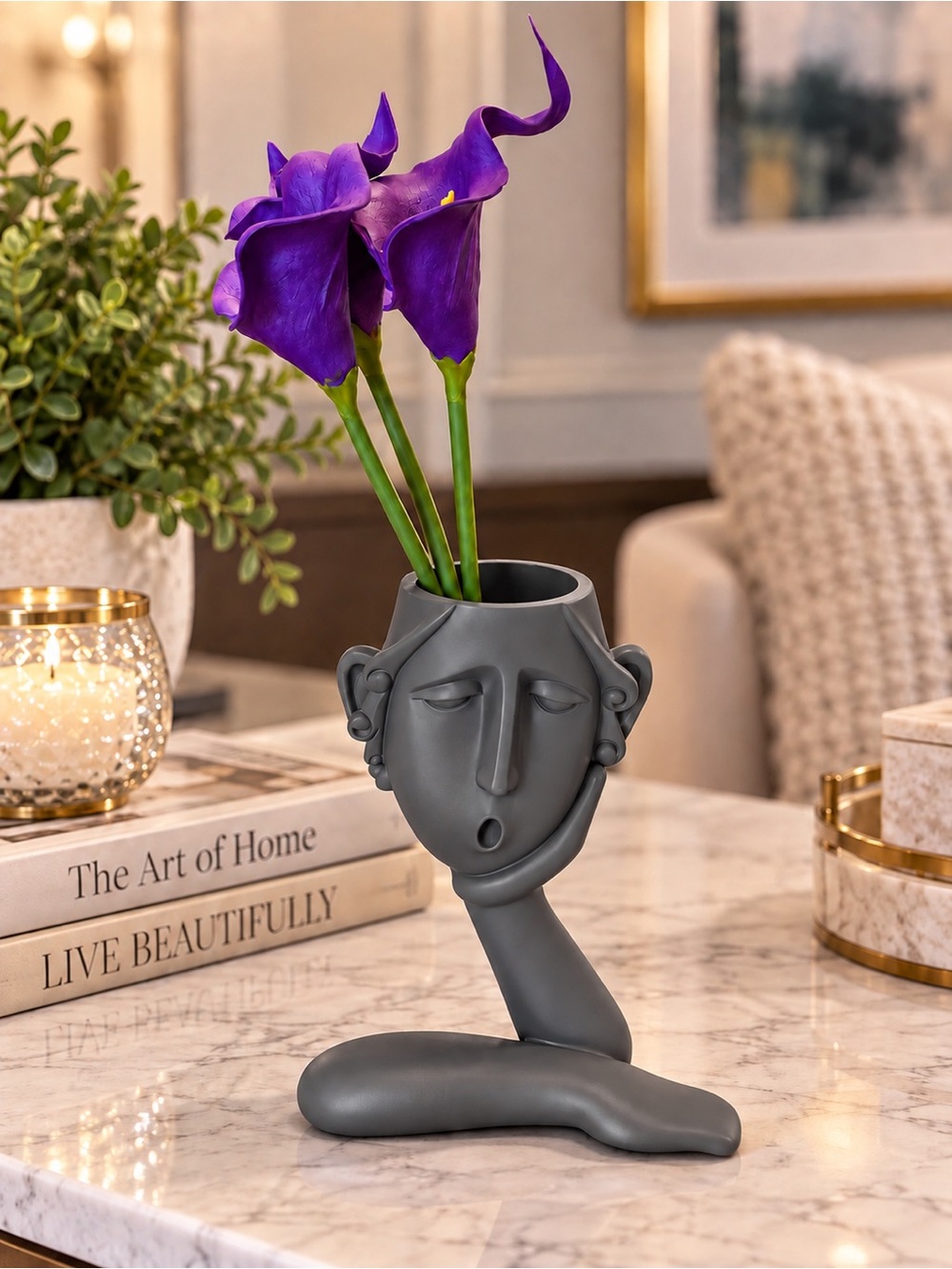 Modern Abstract Face Vase in Gray